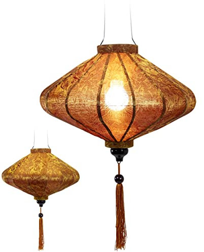 Asiatische Laterne aus Seide, Durchmesser 45 cm, Farbe Rost, Reflexion, Gold – Traditioneller Hoi an Lampion aus Stoff, Bambus und Holz – Dekoration und Handwerk aus Vietnam (P25-MA)
