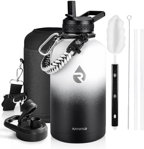 RAYMYLO Insulated Water Bottle 64 oz, Triple Wall Vacuum Stainless Steel (Cold for 48 Hrs), Leak Proof & Non-BPA, Half Gallon Water Flask Jug with Paracord Handle & Straw Spout Lids, White/Black