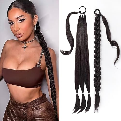 EMMOR Lange geflochtene Pferdeschwanzverlängerung mit glattem Haar,Wicklung um den Pferdeschwanz mit Haarverlängerungen,weich und gesund,für Frauen und Mädchen im täglichen Gebrauch.(Schwarzbraun)