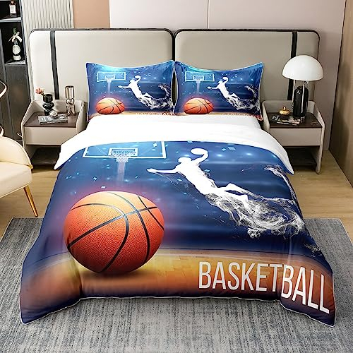 100% Baumwolle Jungen Basketball Bettbezug 155x220,Basketball Spieler Bettwäsche Set für Kinder,Wettkampfsport Spiel Tröster Bezug,Moderne Basketball Court Bett Sets mit1 Kissenbezug