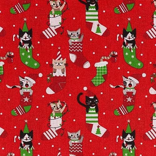 SCHÖNER LEBEN. Weihnachtsstoff BW Katzen im Weihnachtsstrumpf rot 1,40m Breite