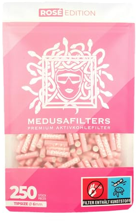 Medusafilters® 250 Stück 6mm Ø Slim Premium Aktivkohlefilter mit veganen Fasercaps & Kokos Aktivkohle | Filter mit 25mm Länge made in Germany (ROSÉ EDITION)
