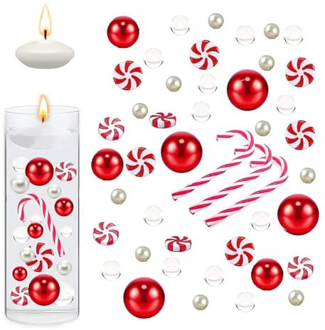 xlwen Plastic Christmas Vase Filler 6055 Stück Weihnachtsdeko Perlen Vasenfüller,Weihnachtsvasenfüller mit Kerzen,Rot und Weiß für Familien-Süßigkeiten-Party, Urlaubsdekoration