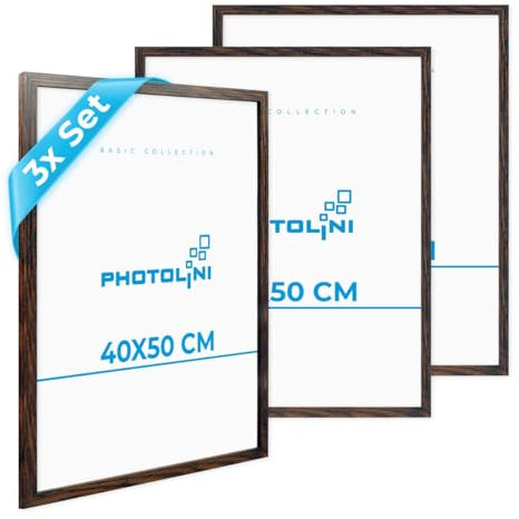 PHOTOLINI Bilderrahmen 40x50 Eiche Dunkel Holz MDF, 3er Set Bilderrahmen 50x40 mit bruchsicherem Acrylglas, Rahmen 40x50 zum Aufhängen, 50 x 40 frame mit Zubehör - picture frames für Fotos & Poster
