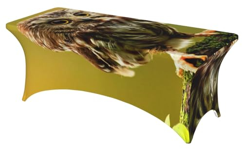 ROOZEE Rechteckige Tischdecke mit niedlicher Eule auf Holz, 1,8 m, dehnbar, knitterfrei, für verschiedene Anlässe