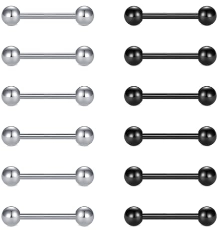 FECTAS 12stk Zunge Bars Nippel Bars Nippel Piercing Schmuck 14G 14mm Zunge Bar Piercing Edelstahl Silber Schwarz Nippel Zunge Piercing Schmuck