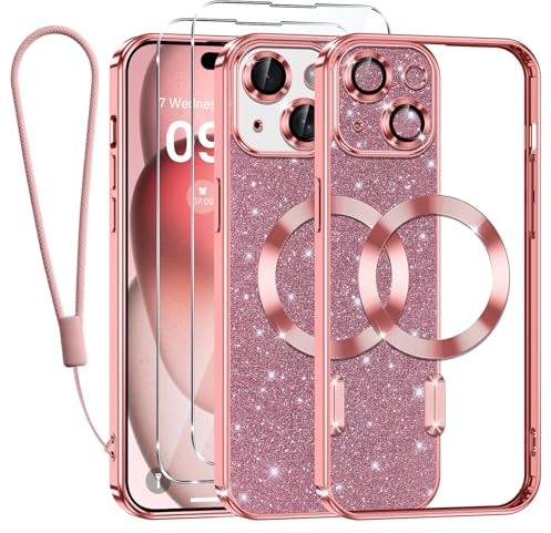 Kokio Glitter Magnétique pour iPhone 15 Con Cordon, [Compatible avec MagSafe] Antichoc Brillant Pailleté Housse Transparent Souple Couqe pour iPhone 15 avec 2 Pièces Verre Trempé Étui, Rose