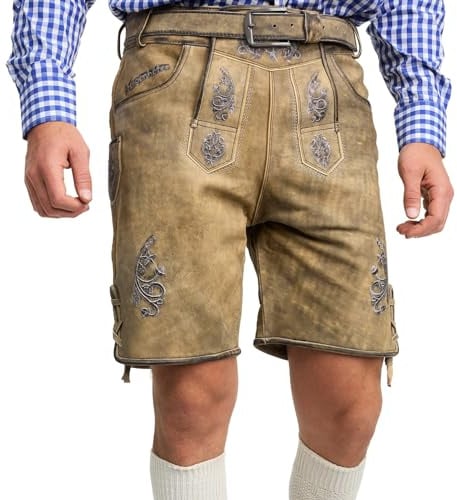 STEIGENHÖFER Vintage Trachten Lederhose für Herren im Antik-Look mit passendem Gürtel, echtes Premium Leder in 3 Farben, Gr. 46-62, Farbe: Antik Hell, Größe: 46