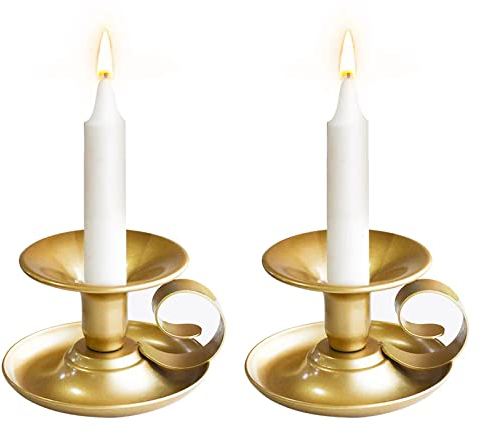 Tibeoyad 2 Stück Kerzenständer mit Griff Vintage Rund Basis Metall Kerzenständer (Gold)