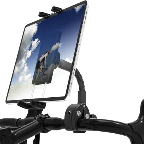 LYFPOOM Schwanenhals Heimtrainer Tablet Halter - [Metall arm], Lenker Clip iPad Halterung für Fahrrad/Motorrad/Heimtrainer/Boot, für 4-12,9 Zoll Handy & Tablet, iPad Pro/Air/Mini, Galaxy, iPhone