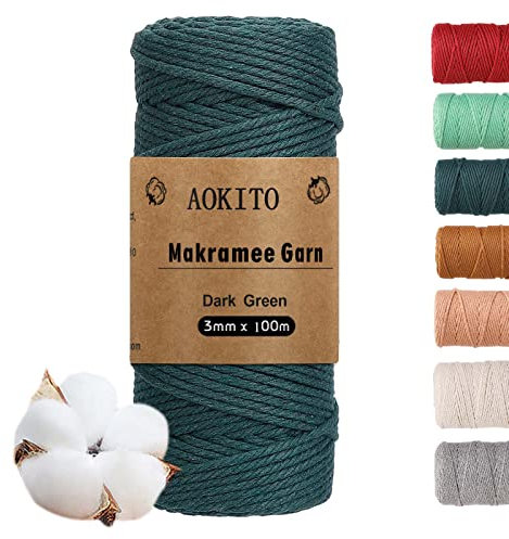 YESLUSY Makramee Garn, 3mm x 100m Premium Baumwolle Makramee Garn für DIY Handwerk, Hängepflanze, Boho Deko, Blumenampel, Pflanzenbügel (Dunkelgrün)