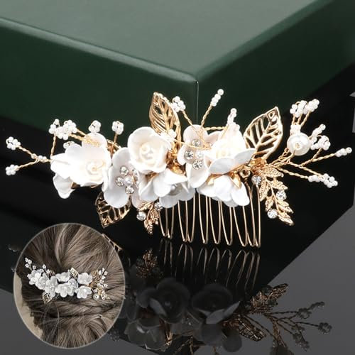 Braut-Haarschmuck, weiße Blume, Brautjungfernkamm, Hochzeitshaarteil-Anstecknadeln, Zubehör für Frauen, Perlenclip, Diamant-Seitenklammer, Blatt-Haarrebe für Party (Golden)