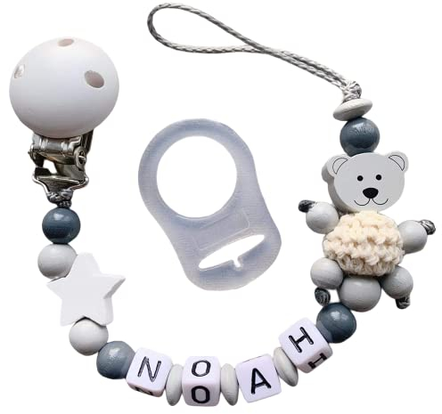 personalisiertes gestaltetes Babygeschenk mit Namen für für Mädchen oder Junge Baby Geschenk personalisiert zur Geburt & Taufe Stern & Teddy Bär Grau Weiß