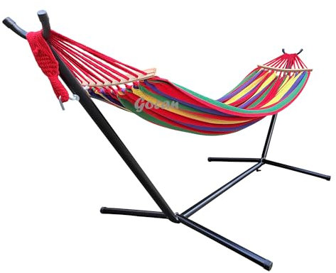 GOCAN Doppelhängematte 2 Person Large 220x160cm mit Stahlständer und Abnehmbarer Spreizstange Last 500lb, Leinwand Baumwollhängematten für Patio Veranda Garten Hinterhof Outdoor und Indoor,rot