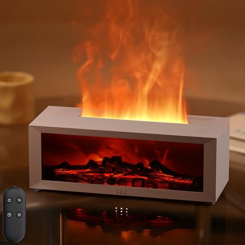 Difusor de Aromas con Chimenea LED, difusor de aceites Esenciales con Efecto de Llama Luminosa de 7 Colores, humidificador de 150 ml con Mando a Distancia, 4 temporizadores (Blanco)
