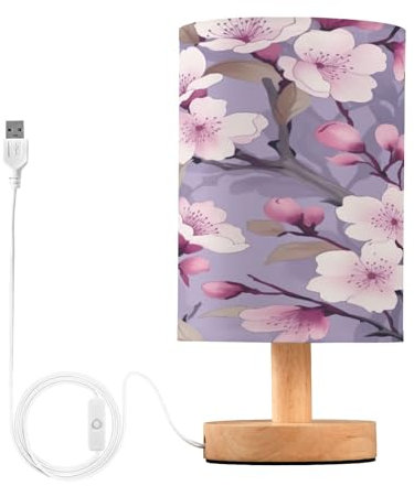 xigua Lilac Flowers Bedside Table Lamp, Nightstand Lamp with Linen Fabric Shade - Wooden LED Desk Lamps for Bedrooms, Study Room, Home, College Dorm, Office