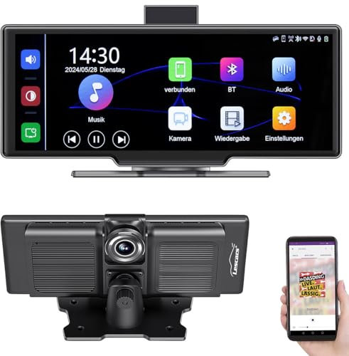 Lescars Carplay Display: IPS-HD-Touchscreen, Android&Apple CarPlay, 10,26/26 cm, 2K-Frontcam (Auto Display, nachrüsten, Navi mit Rückfahrkamera)