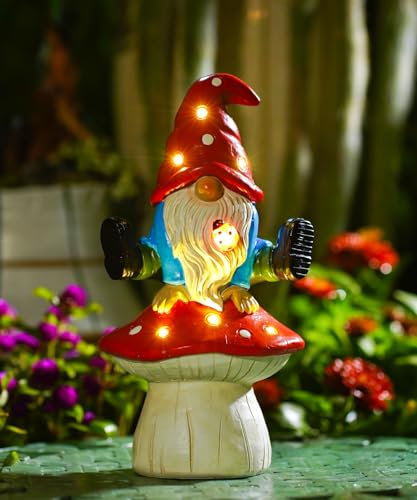 Statuette de nain de jardin, drôle avec mains soutenues sur champignon avec décoration solaire en résine pour terrasse, pelouse, porche, décoration extérieure