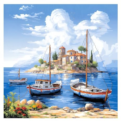 cukol cukol Kreuzstich Set Vorgedruckt Erwachsene, Stickbilder 40x40 cm | Stickpackungen mit 11ct, Kreatives Bastelset Hobby zum Sticken für Frauen, Stickset für Diy Home Deko, Insellandschaft Motiv