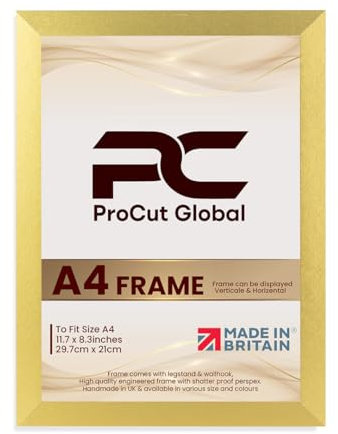 Procut Global A4 Gold Picture Frames – Sleek Wooden Photo Frame with Shatterproof Perspex for Wall or Tabletop – Perfect for Posters, Certificates, Prints–Multiple Sizes & Colors Available
