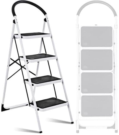 Escabeau à 4 marches BM TOOLS BMT-ESC4-ACIER, Haut. de travail : 95 cm, se range facilement, Marches et Poignées anti-dérapantes