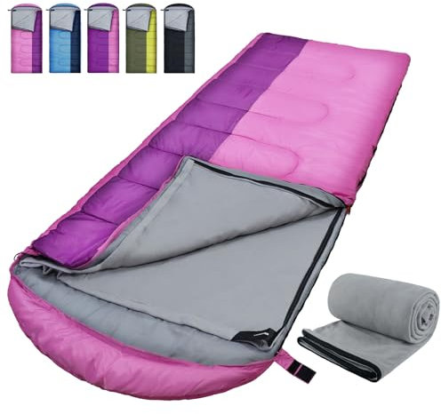 WKFAMOUT XL Schlafsack Outdoor mit Fleecefutter Schlafsäcke Erwachsene Maschinenwaschbar Winter Deckenschlafsack mit Kompressionssack für 4 Jahreszeiten Camping Wandern Rosa