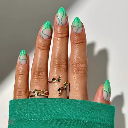 30pcs Short Almond False Nails Green Ombre Press on Nails Glitter Swirl Fake Nails Stick on Nails Removable Glue on Nails Acrylic Full Nail Tips Women Nail Art Accessories