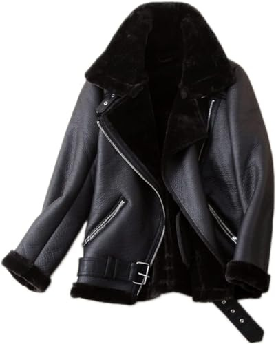 Veste de Moto en Fausse Tonte pour Femme Parka doublée épaisse Manteau en Peau de Mouton retournée d'hiver Veste en Cuir (Noir,M)