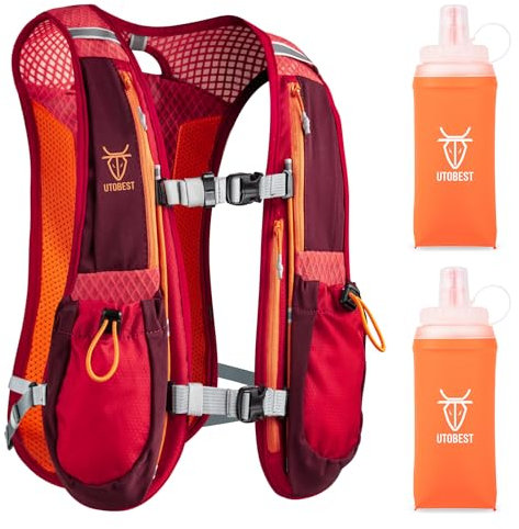 UTOBEST Trinkrucksack 5L, Laufweste, Herren Damen Ultraleicht Laufrucksack für Laufen, Marathon, Jogging, Radfahren (Rot, mit 2*350ml Flaschen)
