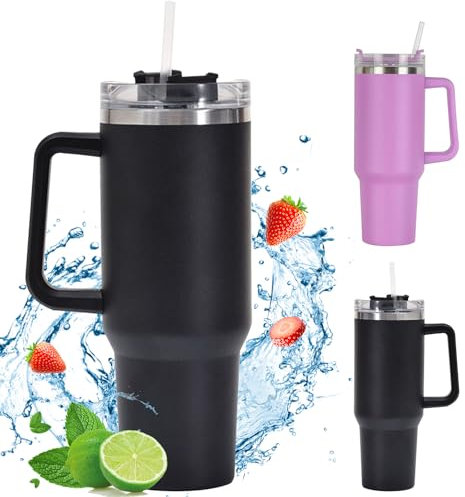 Souvik 40 oz Mug Isotherme avec Paille va au Lave Vaisselle Acier Inoxydable à Double Paroi Tasse Thermique Isolée et étanche Tasse à Café à Emporter Travel Mug Noir