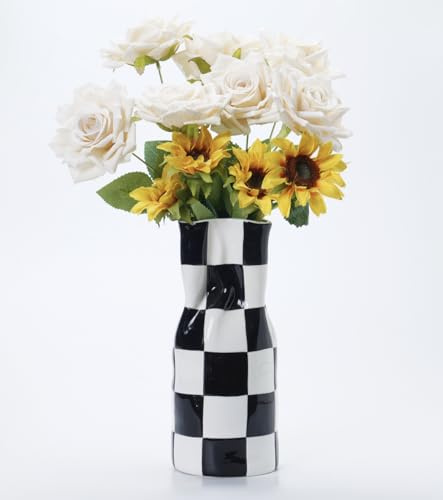 Moderne Keramikvase mit Schachbrettmuster, ästhetische Dekoration für Wohnzimmer, Schlafzimmer, Küche, Minimalismus, abstrakte Blumenvase, Boho-Chi, Wabi-Sabi, handgekniffene Keramik