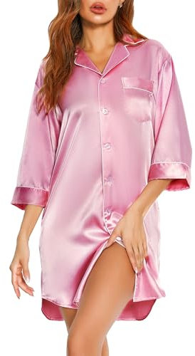 Vlazom Chemise de Nuit Femme Satin Nuisette à 3/4 Manches Boutonnée Devant Col V Robe de Nuit，Rose Vif，XXL