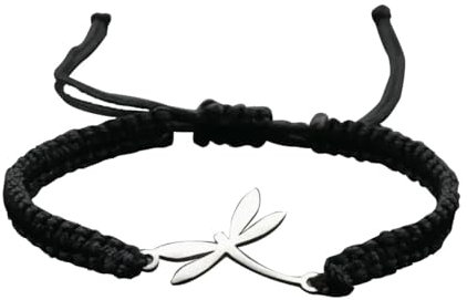 Bracelet Cordon Réglable Noeud Coulissant Noir, Pendentif Acier Argenté Libellule, Bijou Femme Fantaisie, Ajustable 16 a 24 cm