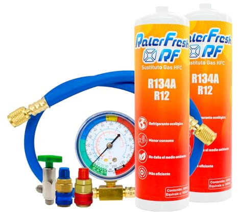 Ralerfresh RF Gaz réfrigérant organique pour climatisation de voiture équivalent à 1000 g remplace les gaz R134a et R12 (2 bouteilles + manomètre avec tuyau + 2 connecteurs)