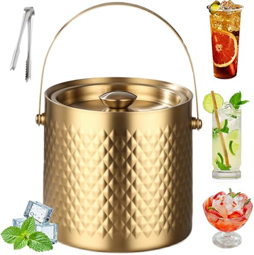 2L Insulated Ice Bucket with Lid – Double-Walled Stainless Steel, Vacuum-Sealed for Cocktails, Beer & Champagne – Ideal for Home Bars, Pubs, BBQs & Picnics (Golden)