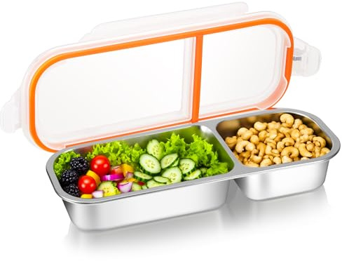 WUISOLQP Snack Box with Compartments, Stainless Steel Lunch Boxs, 2 Compartments Stainless Steel Bento Box Reusable Food Storage, for Adults and Kids Office School Food Container