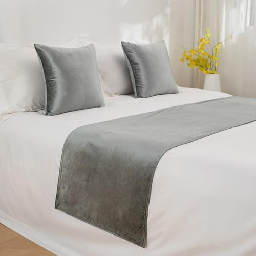 Samt-Bettläufer, luxuriöser Hotel-Bettbezug, Tagesdecken, Überwurf als Bettschutz, Bettschal für King-Size-Bett, Grau, 45 x 160 cm für 1 m Bett