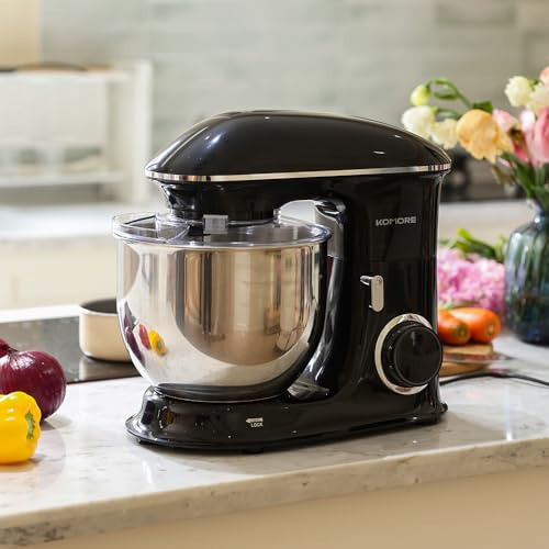 KOMORE 7L Stand Mixer for Baking, 6 Speed Pulse Mode, 1400W 3-in-1 Electric Kitchen Food Mixers with Stainless Steel Bowl, Beater, Dough Hook, Whisk, Splash Guard for Bread & Cakes, Black