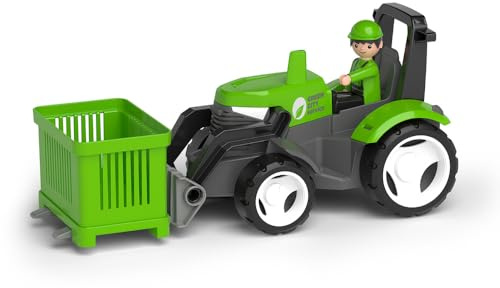 MultiGO Traktor Auto Spielzeug mit Gabel, Palette, Korb & Figur für Junge – Lernspielzeug für Kinder ab 3 Jahren, Fördert Fantasie, Motorik & Rollenspiel (Grün)