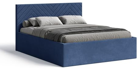 Meblofun Polsterbett ABETE mit Kopfteil, 160x200 cm, Doppelbett mit Bettkasten und Lattenrost aus Holz, Velourstoff, Farbe: Blau