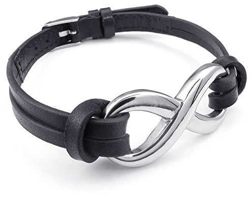 Konov Unisex-Armband, Unendlichzeichen, Leder/Edelstahl, Schwarz/silberfarben, mit Geschenkbeutel