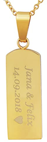 Hanessa Personalisierte Kette mit Gravur Edelstahl 50 cm mit Anhänger Dog Tag Erkennungsmarke in gold - Personalisierte Halskette für Männer und Frauen - Personalisierter Schmuck Damen Herren