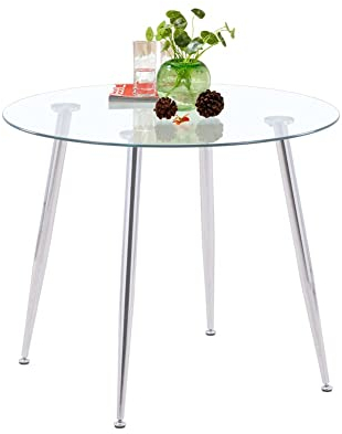 GOLDFAN Table à Manger Ronde en Verre Trempé - Salle à Manger Moderne Avec Pieds en Métal - Argenté