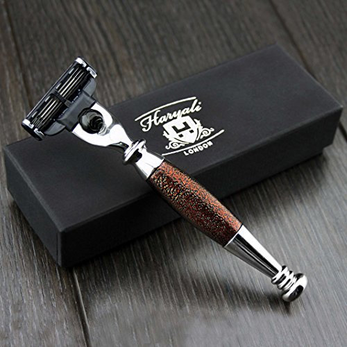 Haryali London Rasoir à cartouche à 3 bords avec manche antique marron assemblé à la main pour barbe et moustache Rasoir de sécurité parfait pour homme