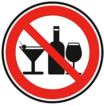 hin558 - Pegatina de prohibición de bebidas alcohólicas, redonda, diámetro 15 cm, autoadhesiva, advertencia para alcohol, prohibido beber alcohol, zona sin alcohol I hin558