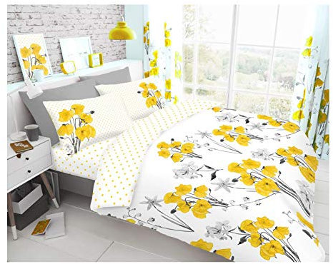 FAIRWAYUK Floral Duvet Set - 3 Piece Double Bed Bedding with Matching Pillowcase, Reversible Soft Flowers Printed Bed Sets, Poly Cotton, Easy Care Quilt Covers, Yellow, 200x200cm