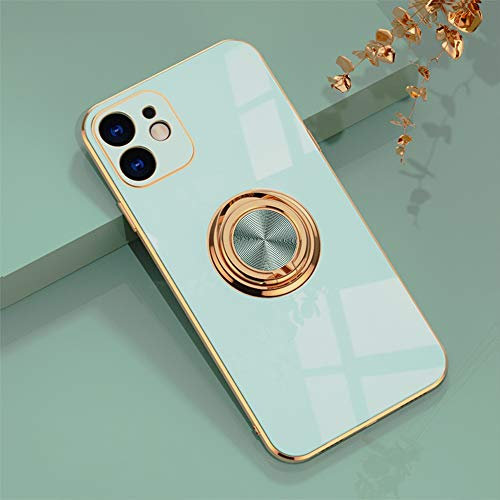 Omorro for iPhone 11 Case for Women Ring Holder, Built-in 360 TPU Rotation Kickstand Rings Cases with Stand Glitter Plating Rose Gold Edge Work with Magnetic Mount Slim Sleek Luxury Case Girly Teal