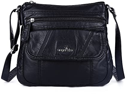 Angelkiss Kleine Damen-Umhängetasche, Leder, Schultertasche für Damen, Hobo-Tasche mit verstellbarem Schultergurt, Schwarz