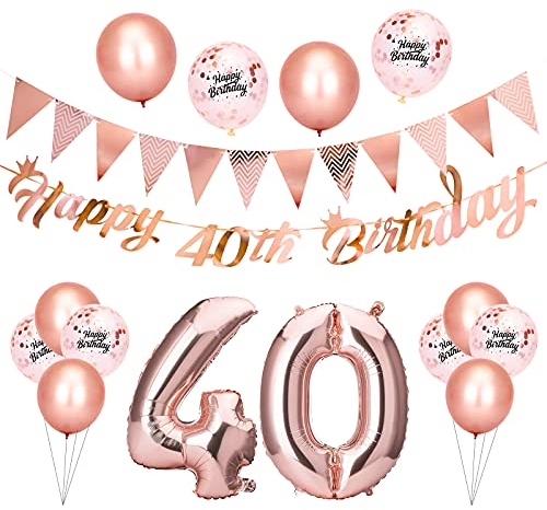 Beainfir 40th Birthday Decorations Set Include Rose Gold Happy 40th Birthday Banner,Triangle Flag Banner,Confetti Latex Balloons and Foil Balloons for Party Decoration Supplies for Girls and Boys