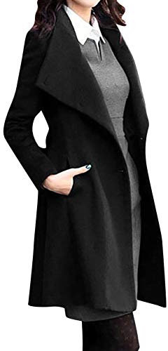 OUAPPA Mantel Damen Elegant Trenchcoat Übergangsmantel Zweireihig Herbst Winter Wollmantel Umlegekragen Lange Ärmel Warm Windbreaker Mode Warme Knopf Taste Mit Gürtel(Schwarz,M)